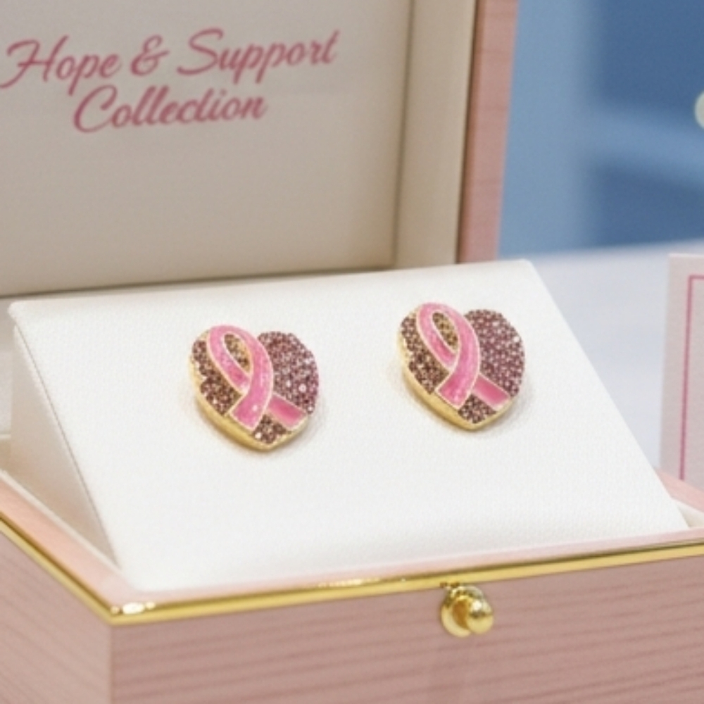 Breast Cancer Awareness Pink Heart Ribbon Earrings